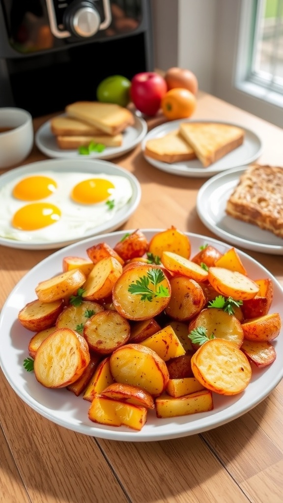 Crispy air fryer breakfast potatoes garnished with parsley on a breakfast table.